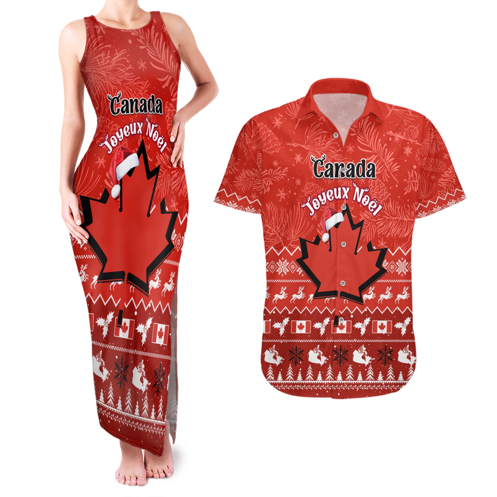 Personalised Canada Christmas Couples Matching Tank Maxi Dress and Hawaiian Shirt Maple Leaf Santa With Map Merry Xmas - Wonder Print Shop