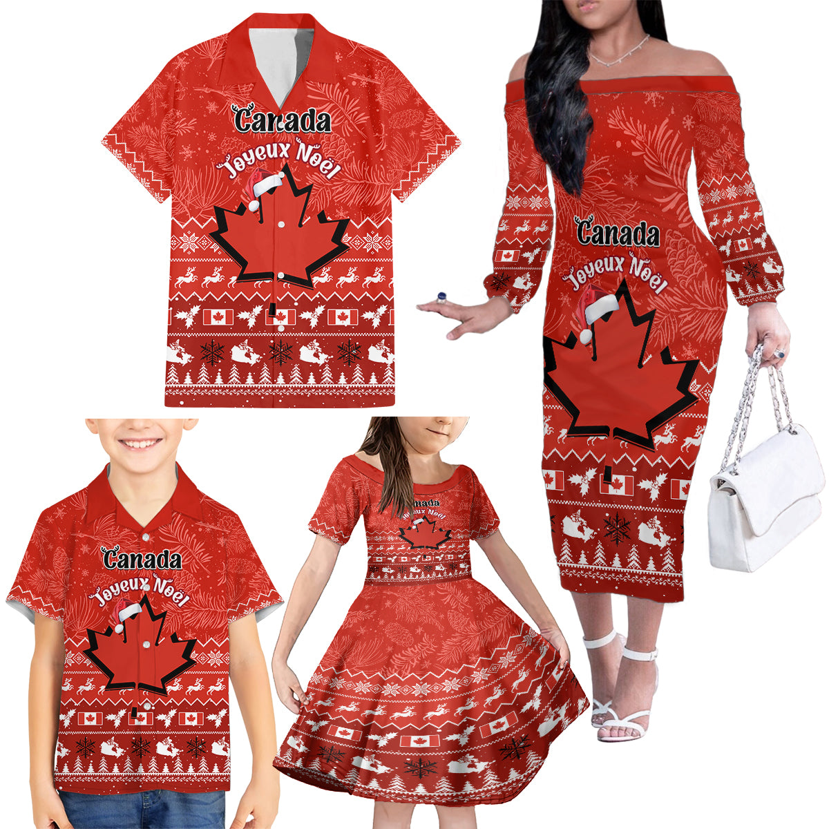 Personalised Canada Christmas Family Matching Off Shoulder Long Sleeve Dress and Hawaiian Shirt Maple Leaf Santa With Map Merry Xmas - Wonder Print Shop