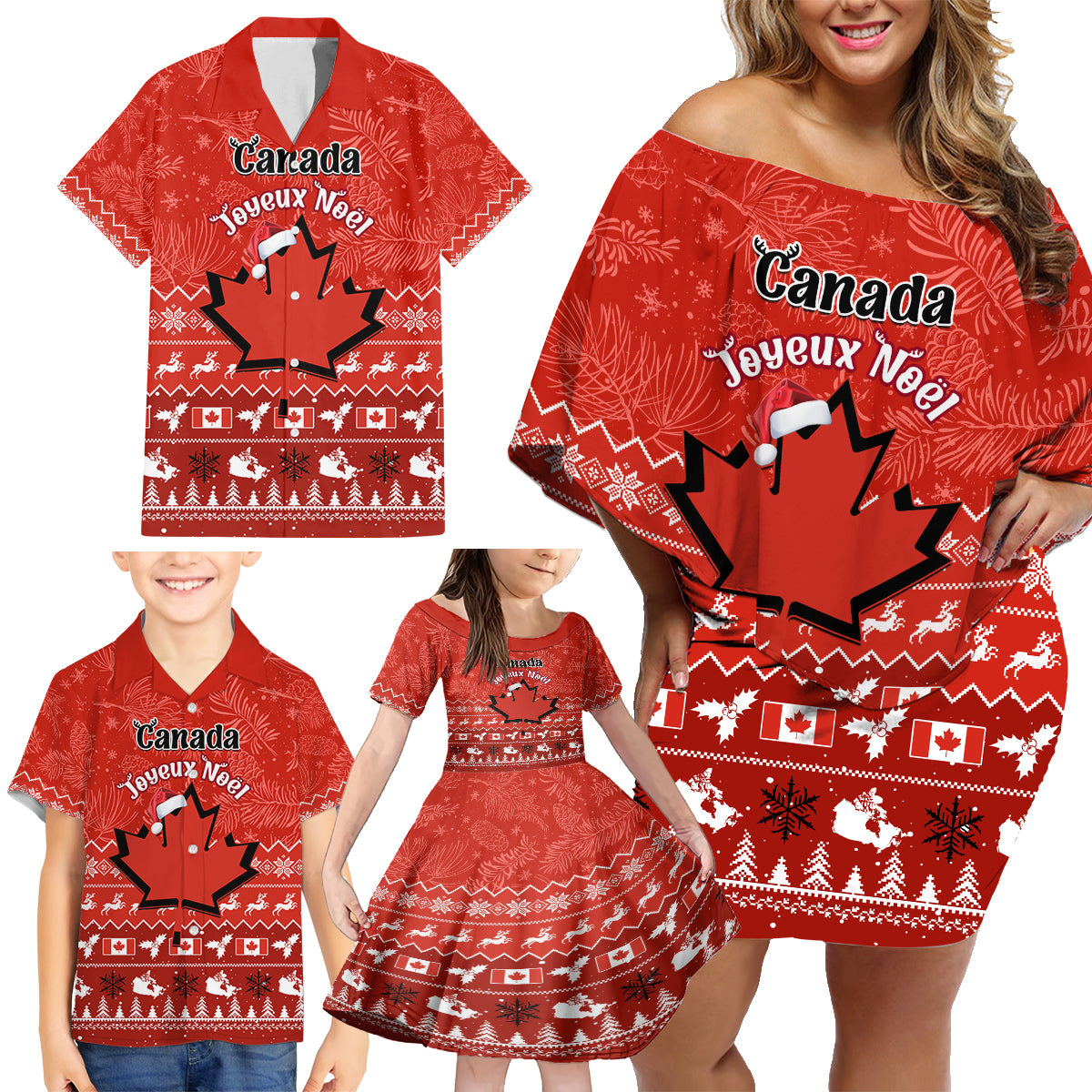 Personalised Canada Christmas Family Matching Off Shoulder Short Dress and Hawaiian Shirt Maple Leaf Santa With Map Merry Xmas - Wonder Print Shop