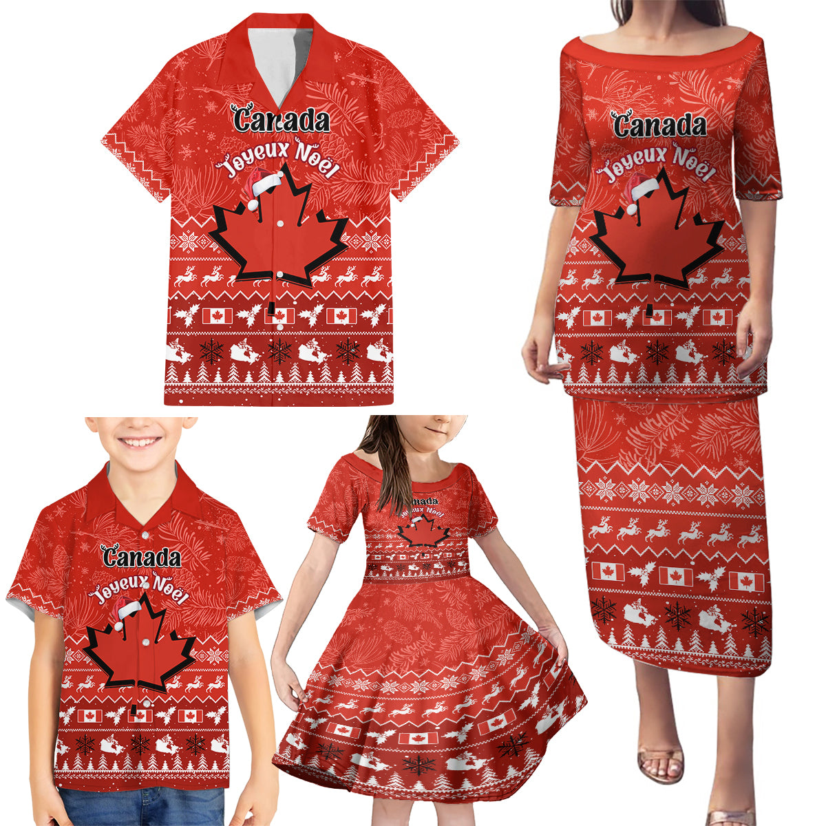 Personalised Canada Christmas Family Matching Puletasi Dress and Hawaiian Shirt Maple Leaf Santa With Map Merry Xmas - Wonder Print Shop