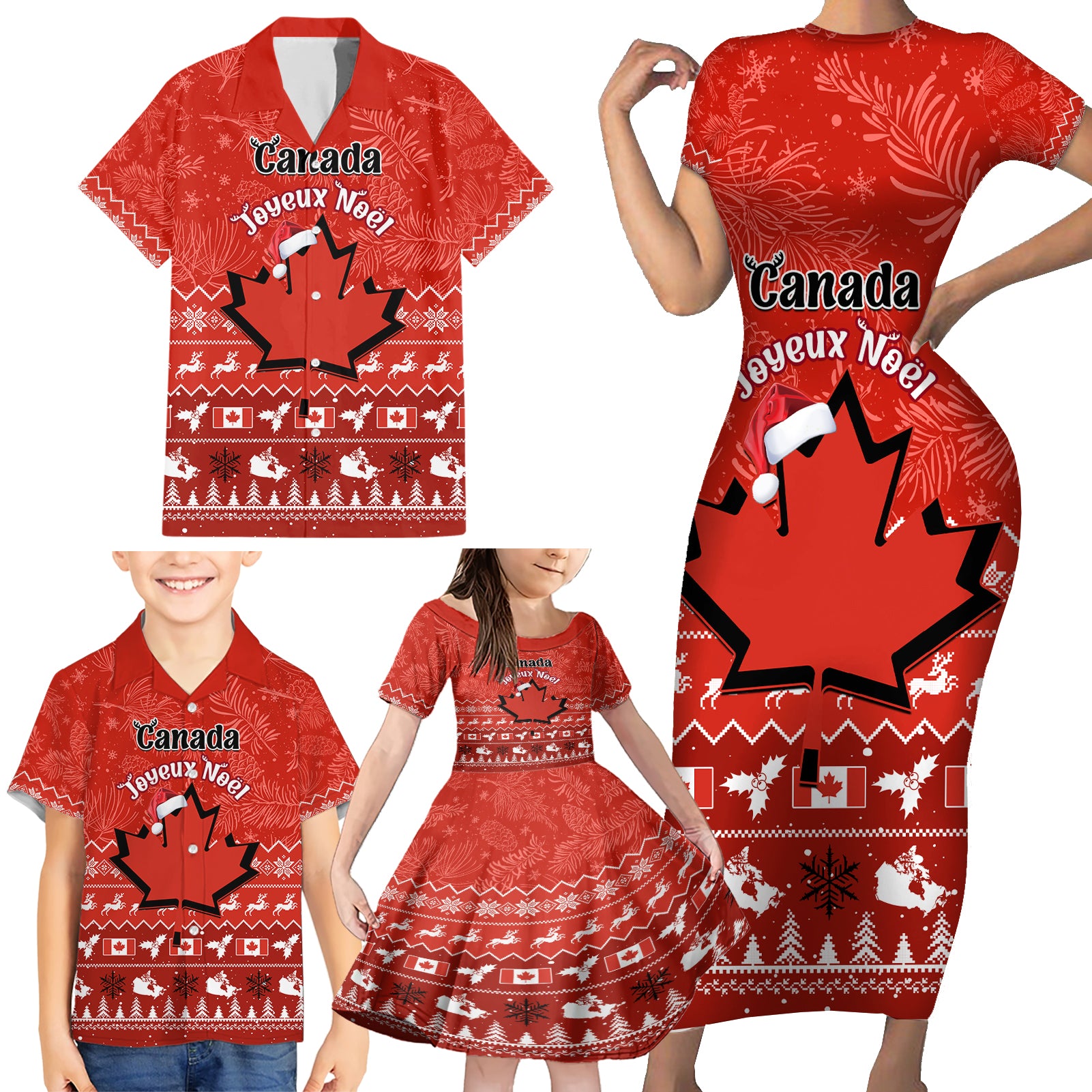 Personalised Canada Christmas Family Matching Short Sleeve Bodycon Dress and Hawaiian Shirt Maple Leaf Santa With Map Merry Xmas - Wonder Print Shop