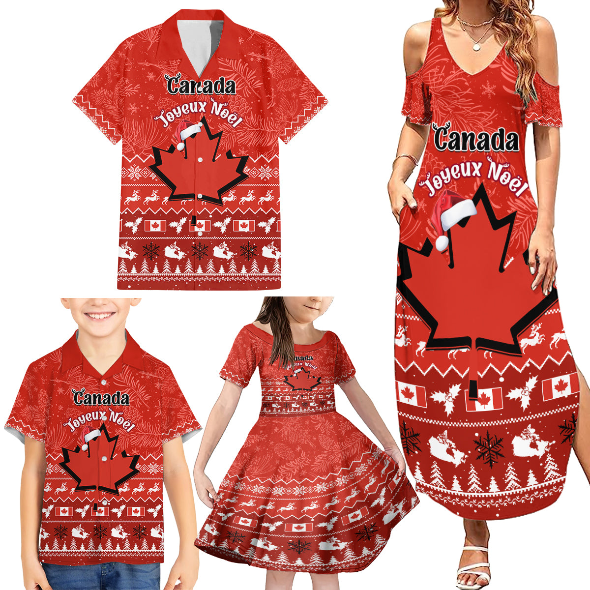 Personalised Canada Christmas Family Matching Summer Maxi Dress and Hawaiian Shirt Maple Leaf Santa With Map Merry Xmas - Wonder Print Shop