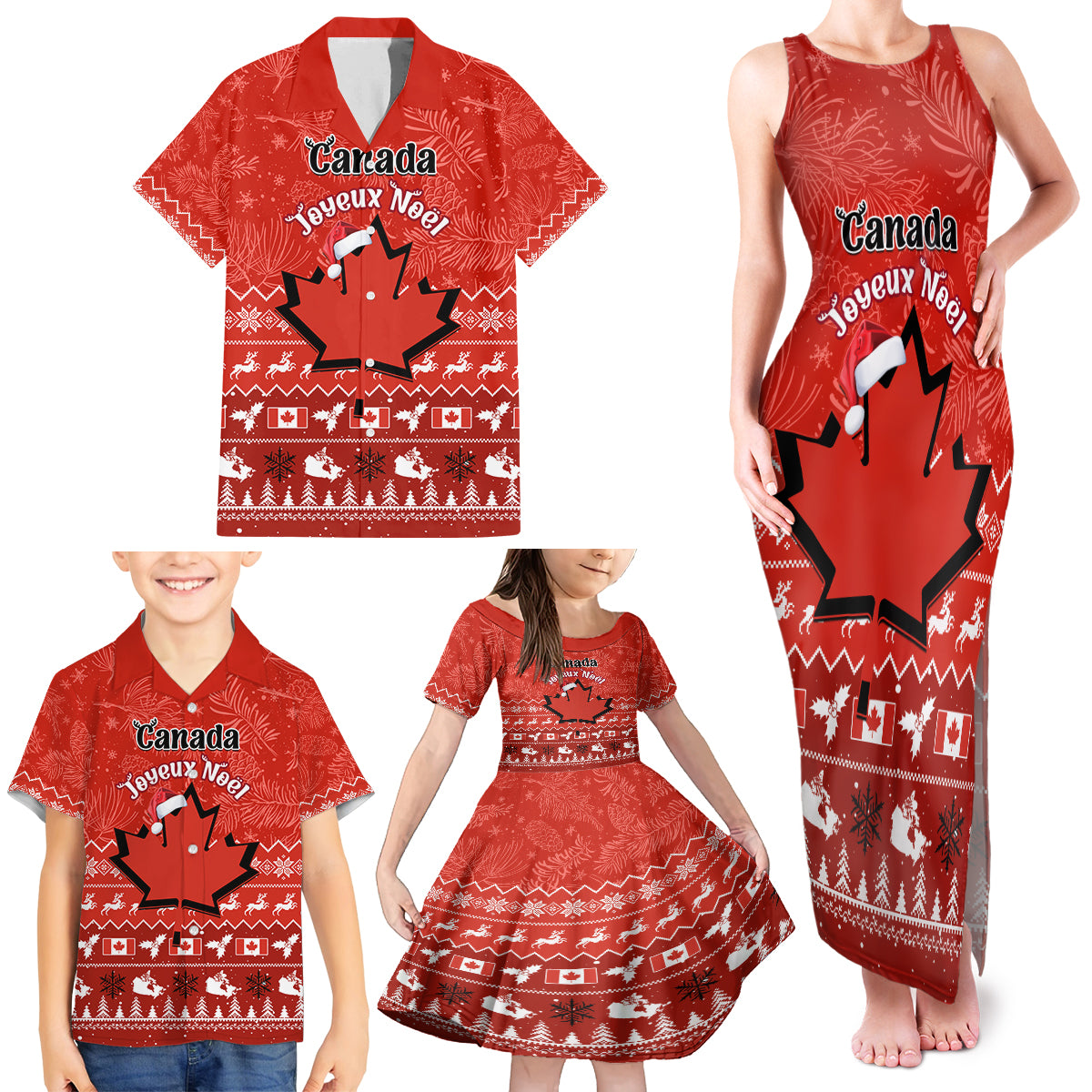 Personalised Canada Christmas Family Matching Tank Maxi Dress and Hawaiian Shirt Maple Leaf Santa With Map Merry Xmas - Wonder Print Shop