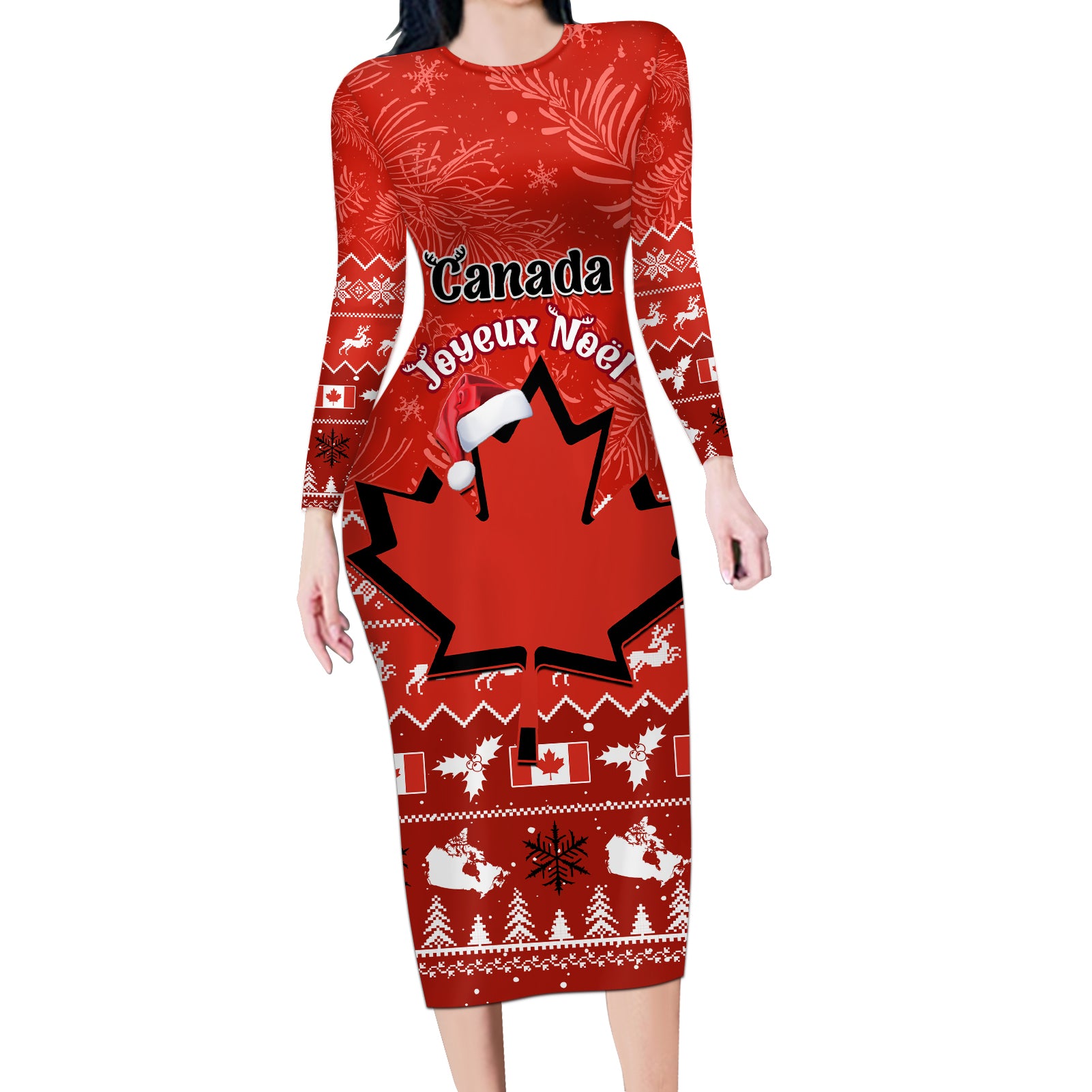 Personalised Canada Christmas Long Sleeve Bodycon Dress Maple Leaf Santa With Map Merry Xmas - Wonder Print Shop