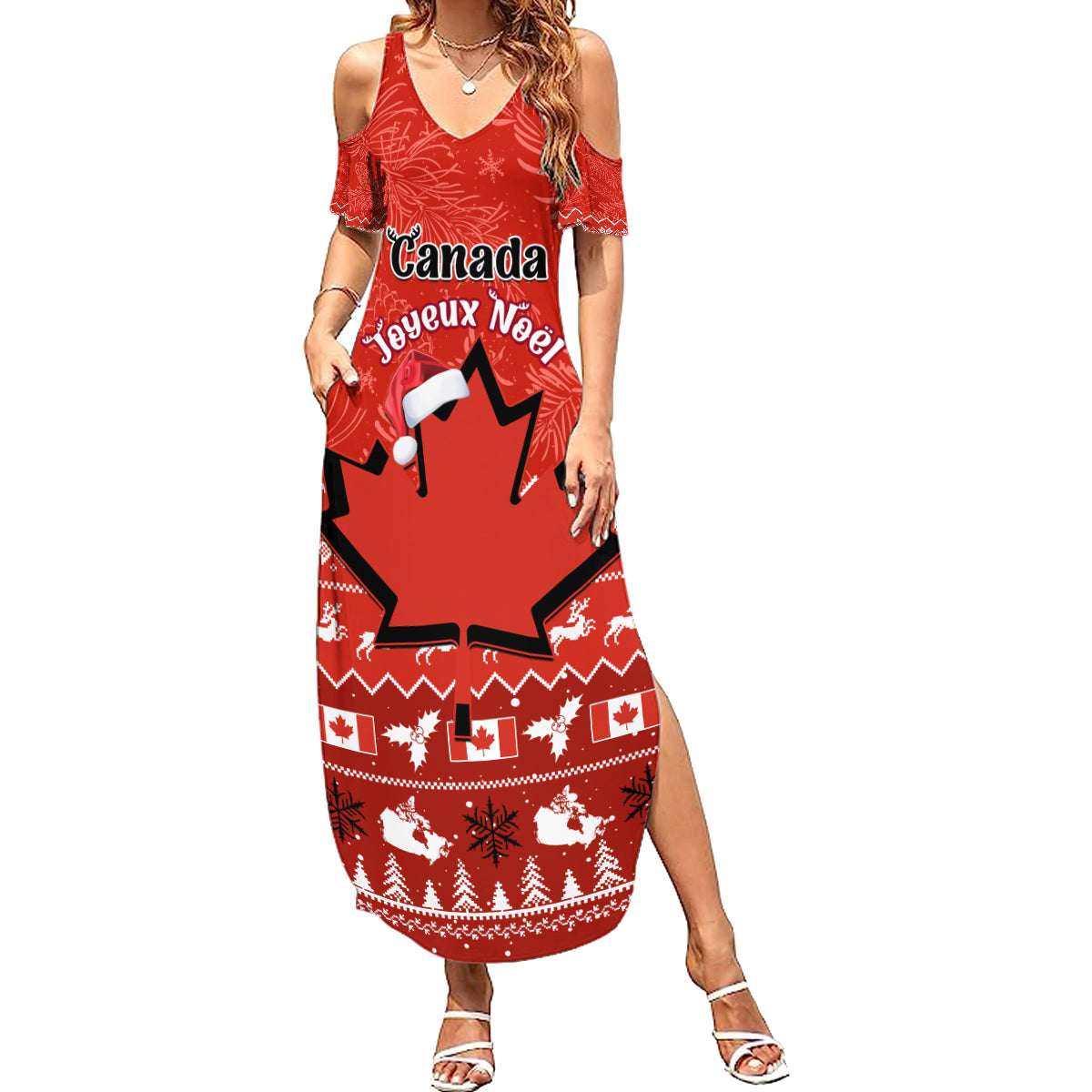 Personalised Canada Christmas Summer Maxi Dress Maple Leaf Santa With Map Merry Xmas - Wonder Print Shop