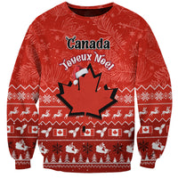 Red unisex Christmas sweatshirt with Canada and maple leaf graphic, festive patterns