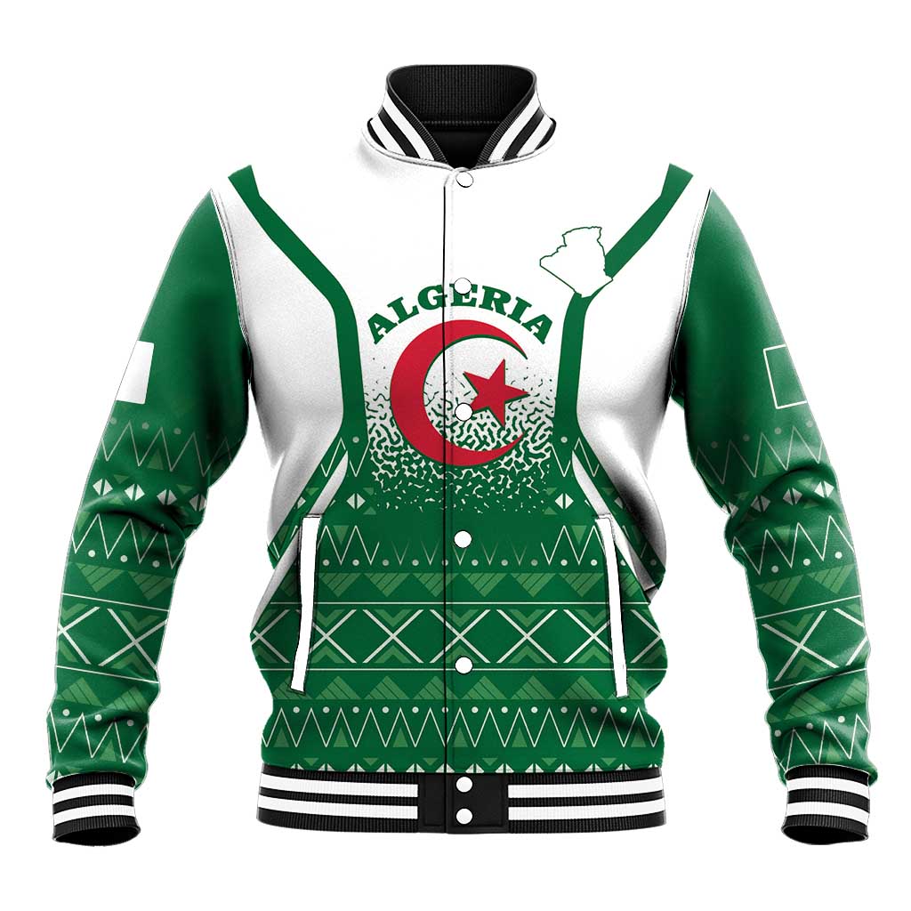 Algeria varsity baseball jacket in green and white with emblem and striped rib trim