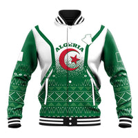Algeria varsity baseball jacket in green and white with emblem and striped rib trim