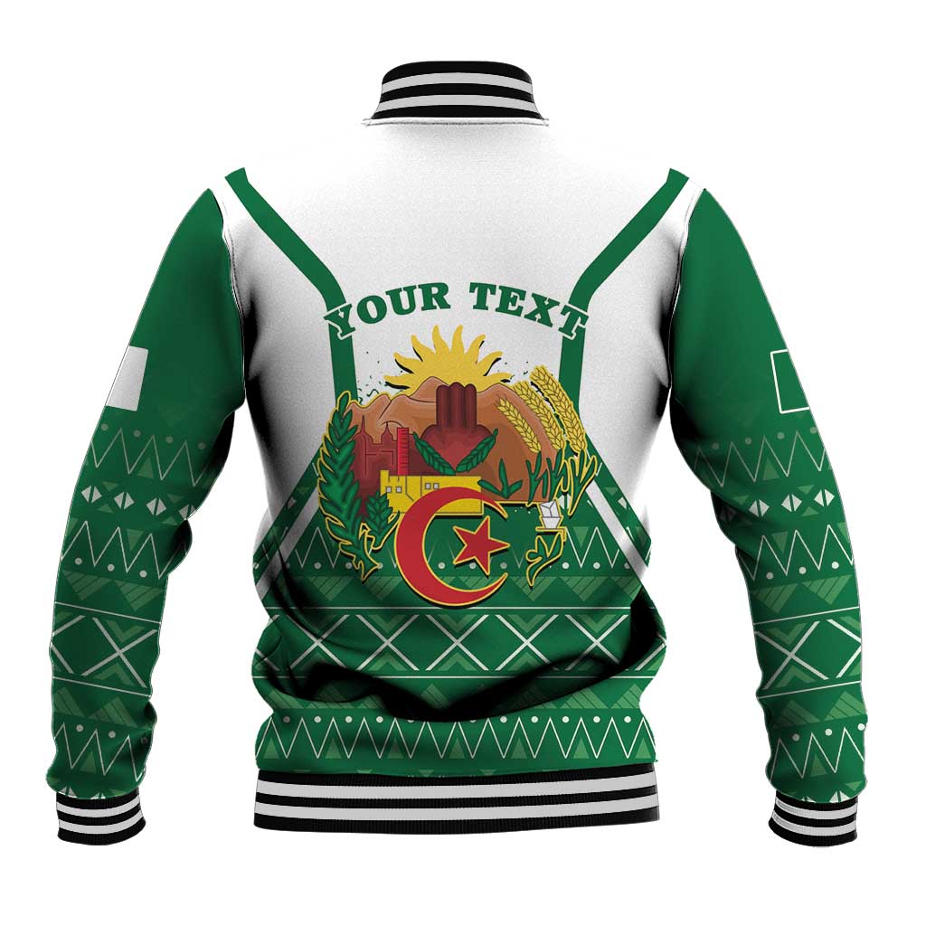 Green/white baseball jacket with 'Your Text' graphic and Algerian map emblem