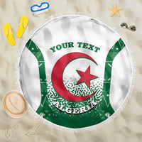 Personalized Algeria beach blanket with green design, red star, and white fringe edge