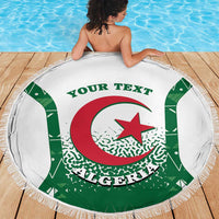 Round beach blanket with green Algeria crest, red star, and 'YOUR TEXT' center; fringed edge