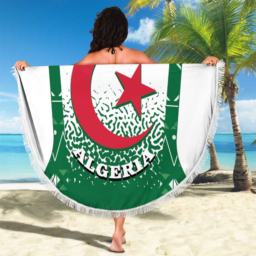 Round beach blanket featuring green Algeria flag design, red star emblem, and white fringe