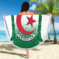 Round beach blanket featuring green Algeria flag design, red star emblem, and white fringe