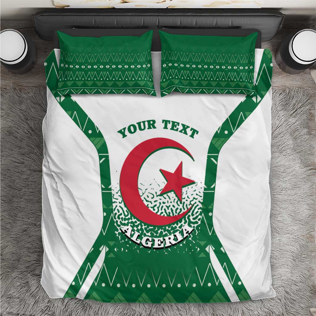 Personalized bedding set with white base, green Algeria coat-of-arms pattern and pillows