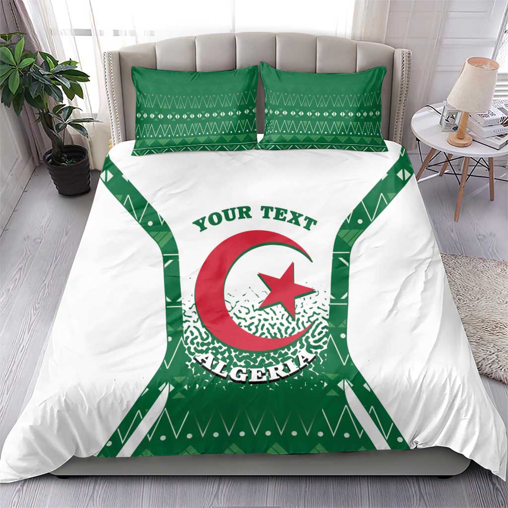 Personalized bedding set on bed: white and green Algeria coat-of-arms duvet with matching pillows