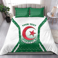 Personalized bedding set on bed: white and green Algeria coat-of-arms duvet with matching pillows