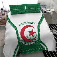 Personalized bedding set close-up: green Algeria coat-of-arms print on white duvet