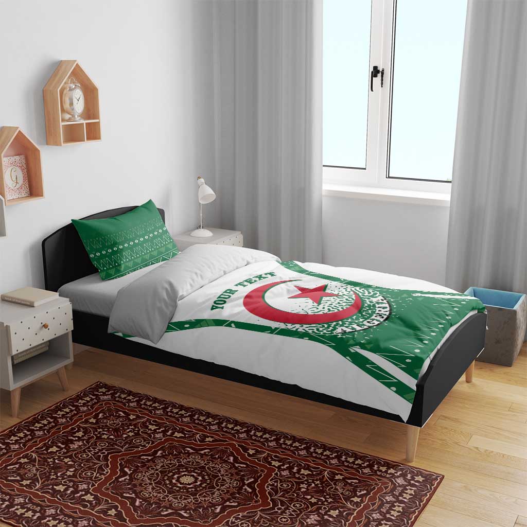 Personalized bedding set on bed: white duvet with green Algeria crest and matching pillows