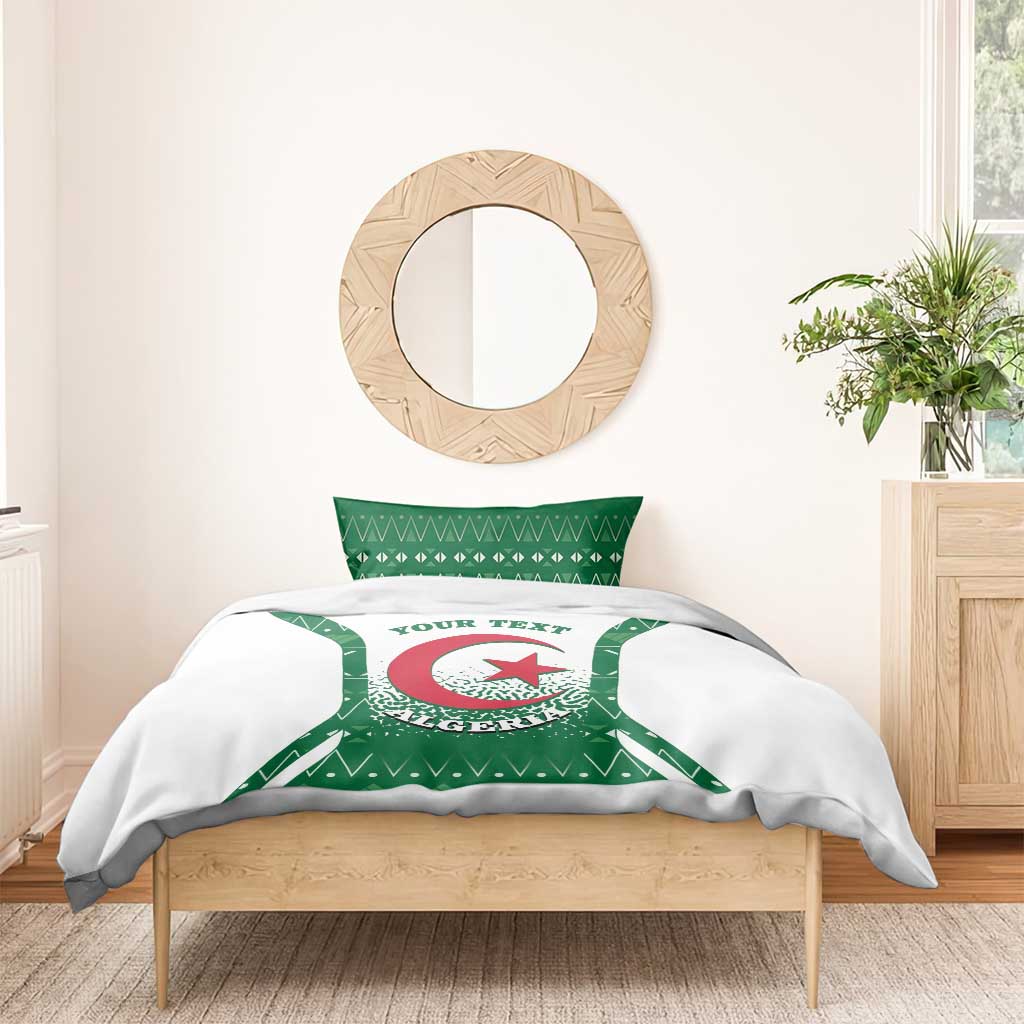Personalized bedding set on bed: white duvet with green Algeria crest, three-point star