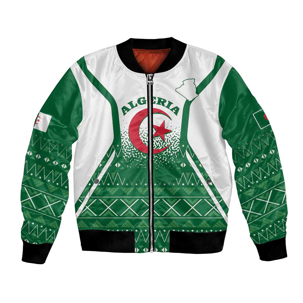 Green and white Algeria coat of arms bomber jacket with front zipper and ribbed cuffs