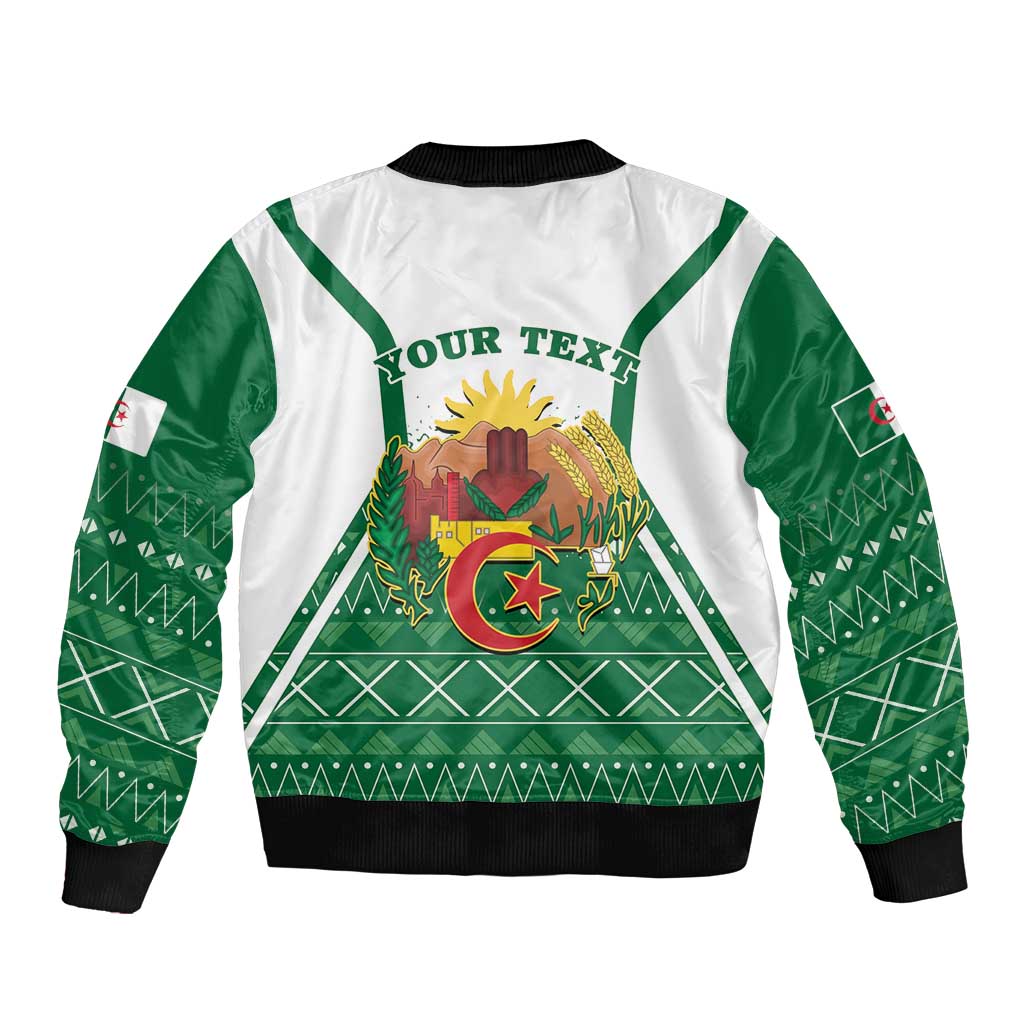 Green and white bomber jacket with YOUR TEXT graphic, front zipper, ribbed cuffs