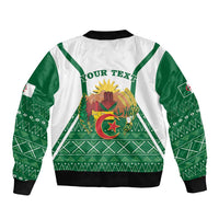 Green and white bomber jacket with YOUR TEXT graphic, front zipper, ribbed cuffs