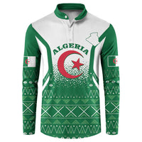 Green and white button-front sweatshirt with Algeria crest, map, and patterned sleeves