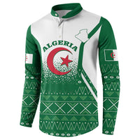 Green and white button-front sweatshirt with Algeria crest, map, and flag patch on sleeve
