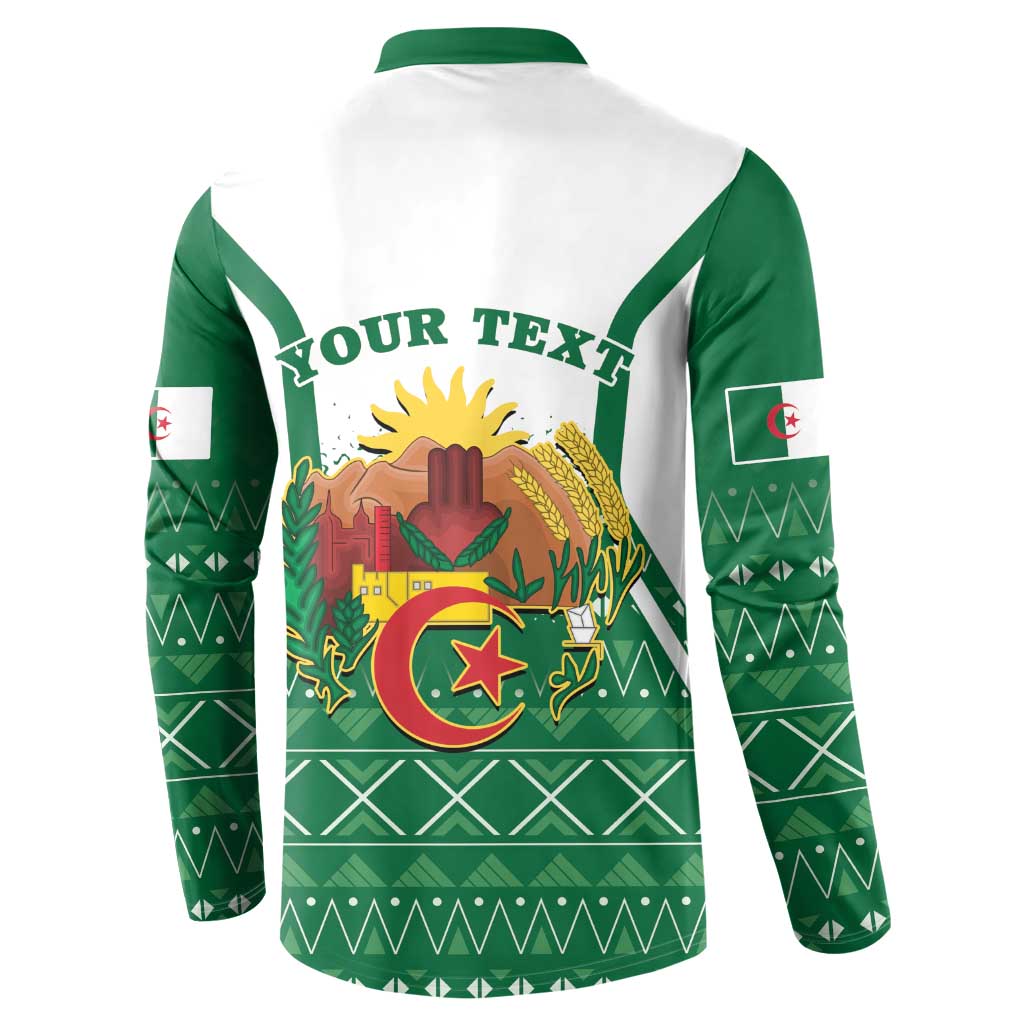 Green and white button-front sweatshirt back with colorful crest, patterned hem, and 'YOUR TEXT'