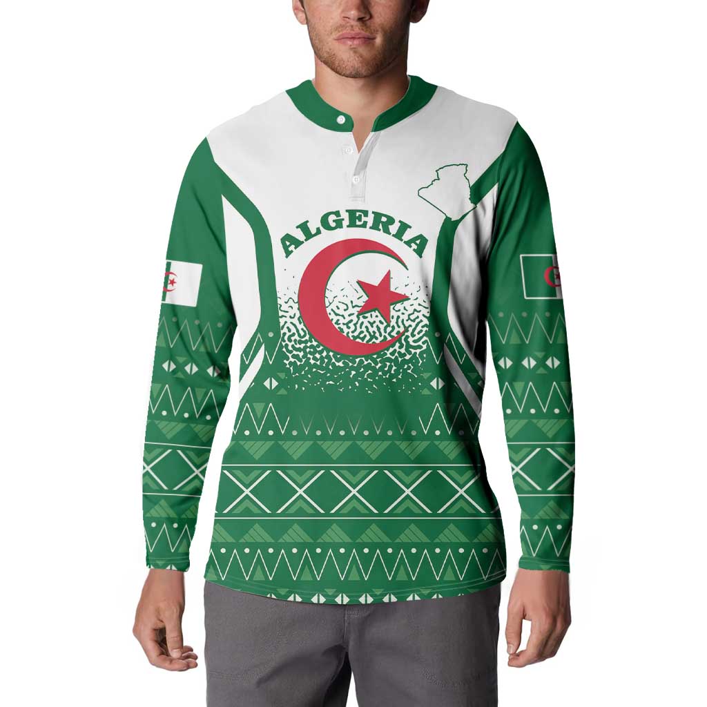 Men's green and white Algeria button-front sweatshirt, full front graphic and sleeve pattern