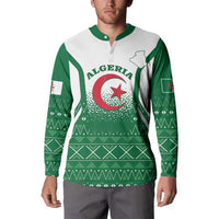 Men's green and white Algeria button-front sweatshirt, full front graphic and sleeve pattern