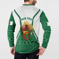 Men's green and white button-front sweatshirt back with crest and 'YOUR TEXT' lettering
