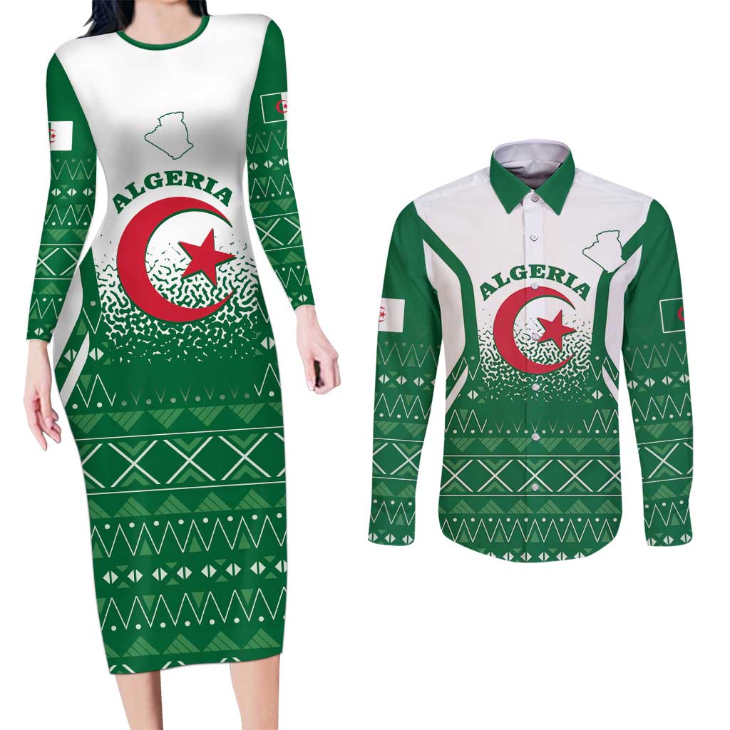 Personalized Algeria Couples Matching Long Sleeve Bodycon Dress and Long Sleeve Button Shirt Coat Of Arms African Pattern - Wonder Print Shop