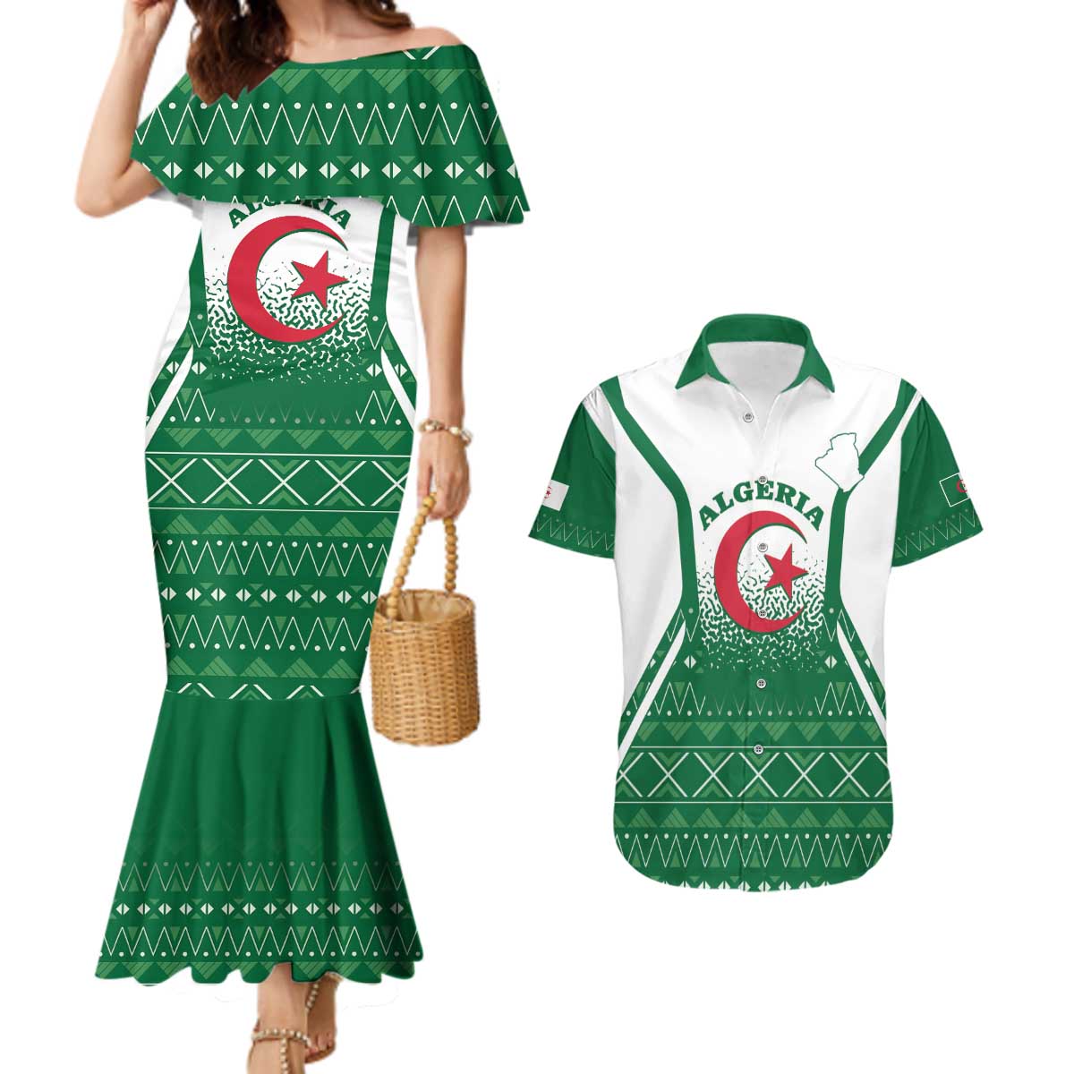 Personalized Algeria Couples Matching Mermaid Dress and Hawaiian Shirt Coat Of Arms African Pattern - Wonder Print Shop