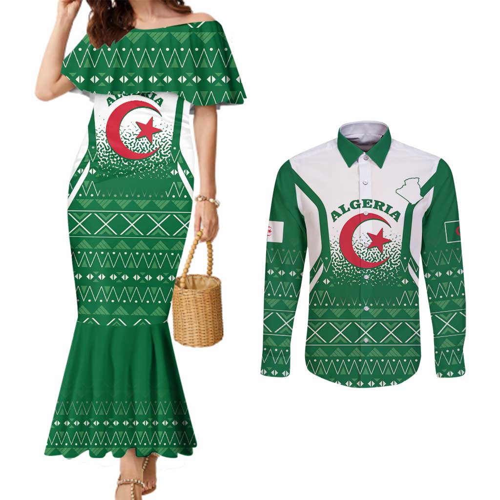 Personalized Algeria Couples Matching Mermaid Dress and Long Sleeve Button Shirt Coat Of Arms African Pattern