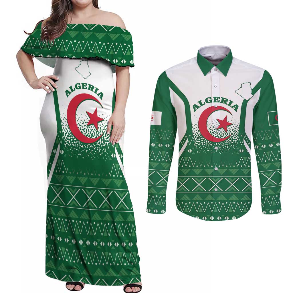 Personalized Algeria Couples Matching Off Shoulder Maxi Dress and Long Sleeve Button Shirt Coat Of Arms African Pattern - Wonder Print Shop