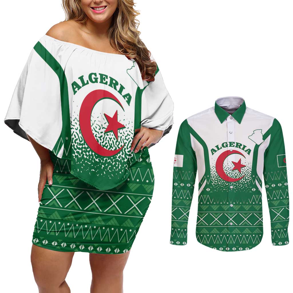 Personalized Algeria Couples Matching Off Shoulder Short Dress and Long Sleeve Button Shirt Coat Of Arms African Pattern - Wonder Print Shop