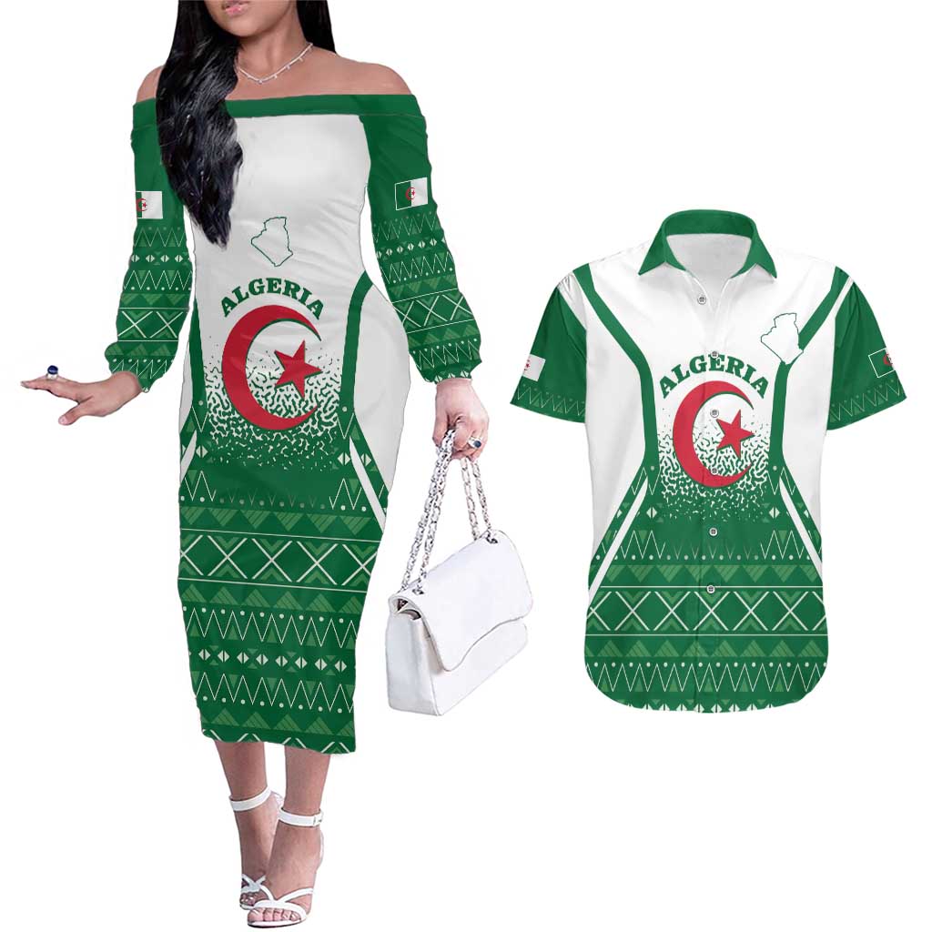 Personalized Algeria Couples Matching Off The Shoulder Long Sleeve Dress and Hawaiian Shirt Coat Of Arms African Pattern - Wonder Print Shop