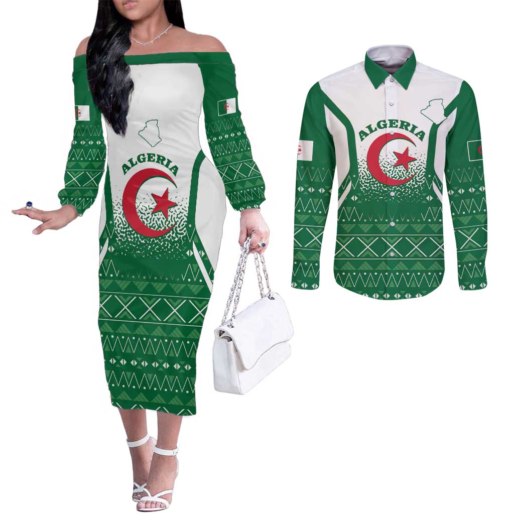 Personalized Algeria Couples Matching Off The Shoulder Long Sleeve Dress and Long Sleeve Button Shirt Coat Of Arms African Pattern