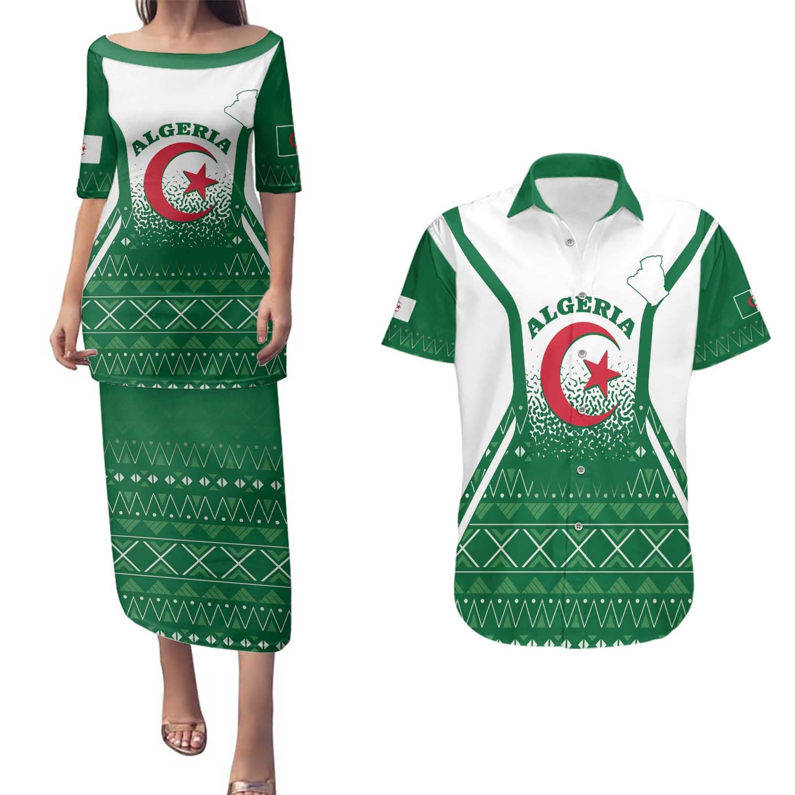 Personalized Algeria Couples Matching Puletasi and Hawaiian Shirt Coat Of Arms African Pattern - Wonder Print Shop