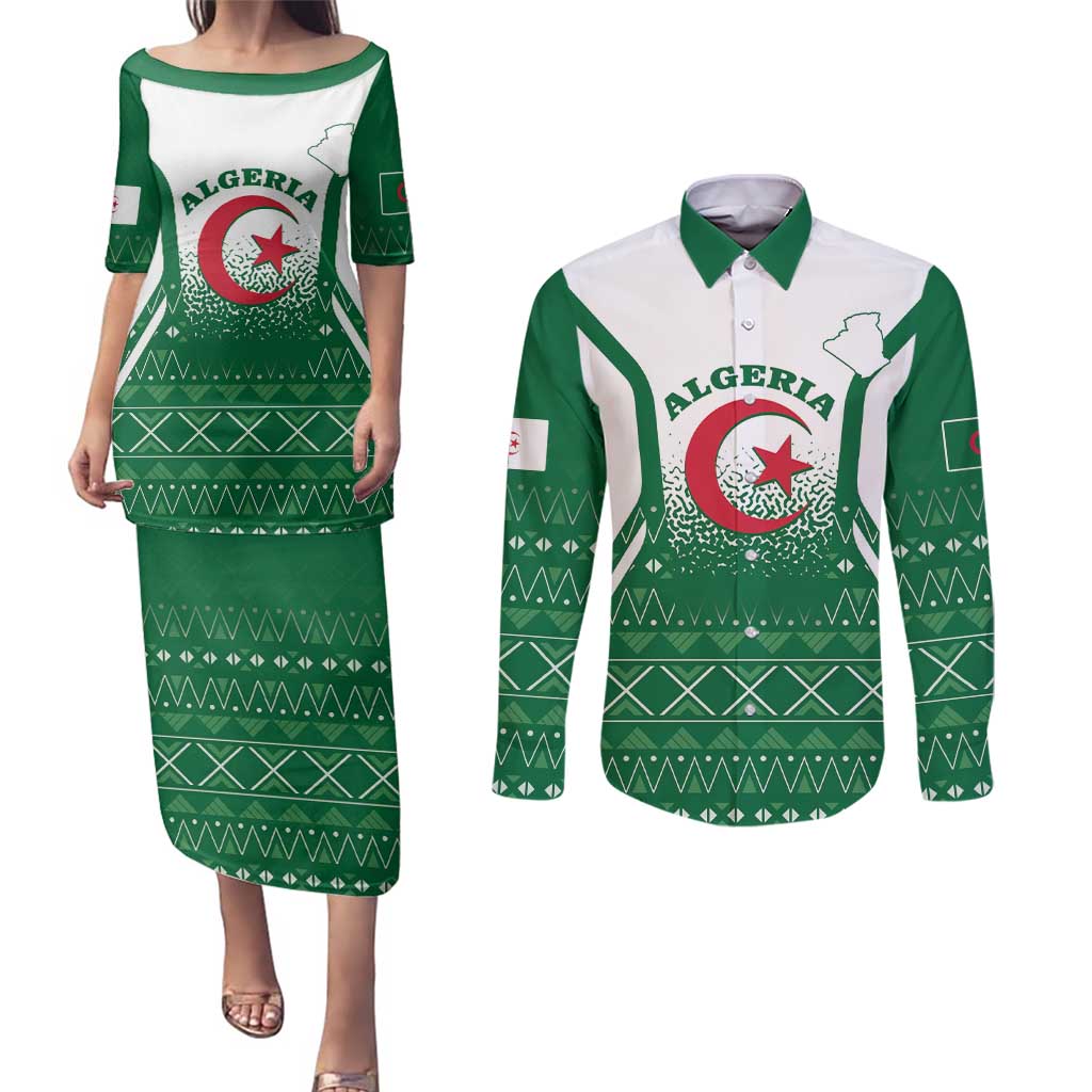 Personalized Algeria Couples Matching Puletasi and Long Sleeve Button Shirt Coat Of Arms African Pattern - Wonder Print Shop