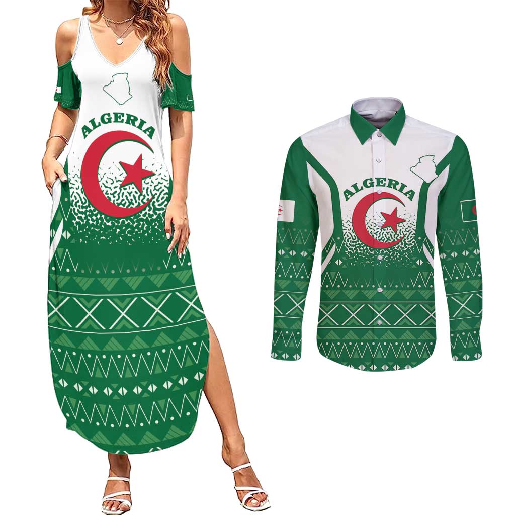 Personalized Algeria Couples Matching Summer Maxi Dress and Long Sleeve Button Shirt Coat Of Arms African Pattern - Wonder Print Shop