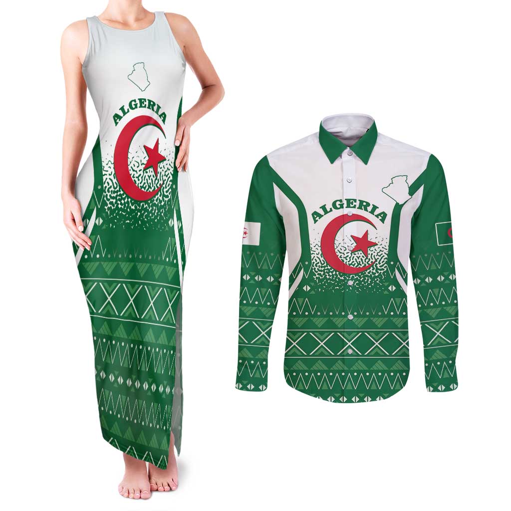 Personalized Algeria Couples Matching Tank Maxi Dress and Long Sleeve Button Shirt Coat Of Arms African Pattern - Wonder Print Shop