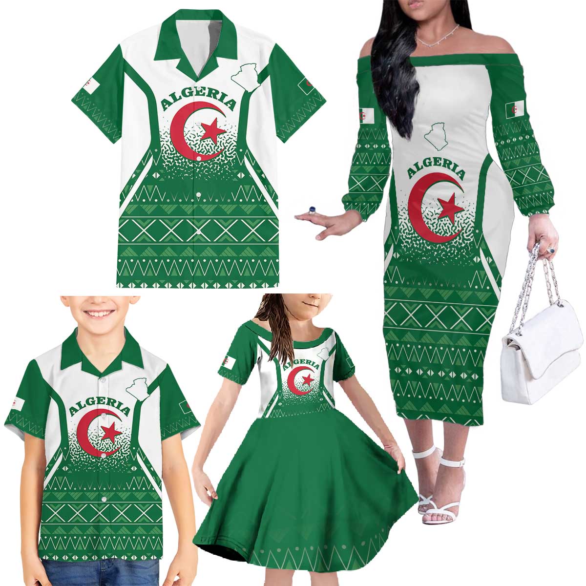 Personalized Algeria Family Matching Off The Shoulder Long Sleeve Dress and Hawaiian Shirt Coat Of Arms African Pattern - Wonder Print Shop