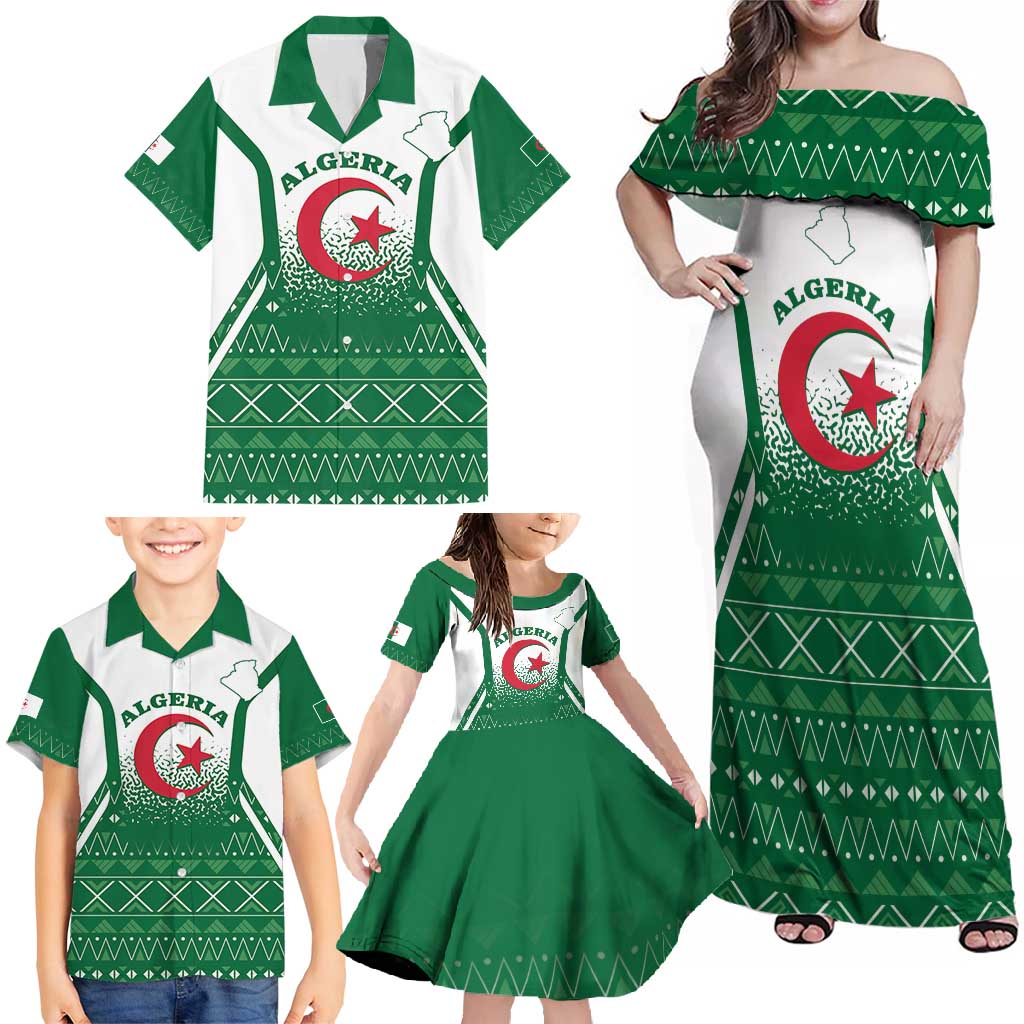 Personalized Algeria Family Matching Off Shoulder Maxi Dress and Hawaiian Shirt Coat Of Arms African Pattern - Wonder Print Shop