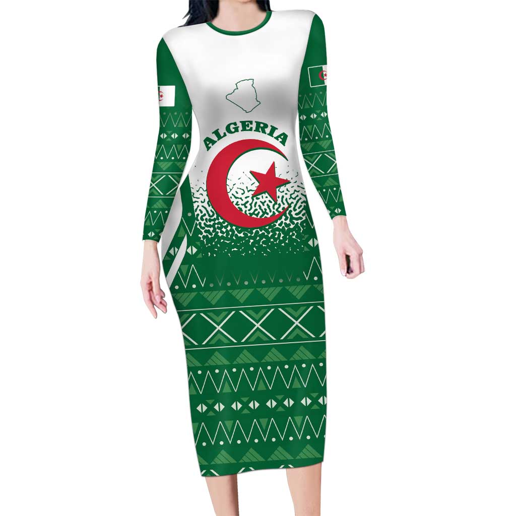 Personalized Algeria Long Sleeve Bodycon Dress Coat Of Arms African Pattern - Wonder Print Shop