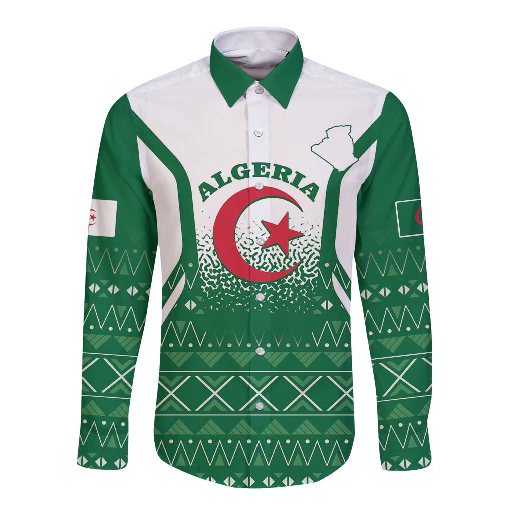 Green and white long-sleeve button shirt with Algeria crest and geometric pattern