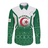 Green and white long-sleeve button shirt with Algeria crest and geometric pattern