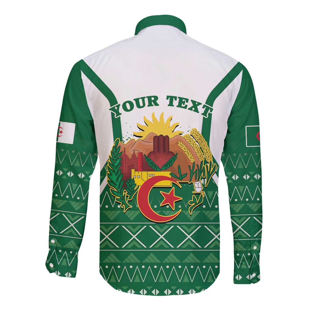 Green and white long-sleeve button shirt back with 'YOUR TEXT' and Algeria emblem