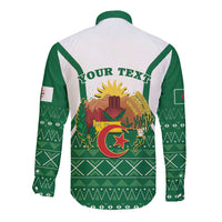 Green and white long-sleeve button shirt back with 'YOUR TEXT' and Algeria emblem